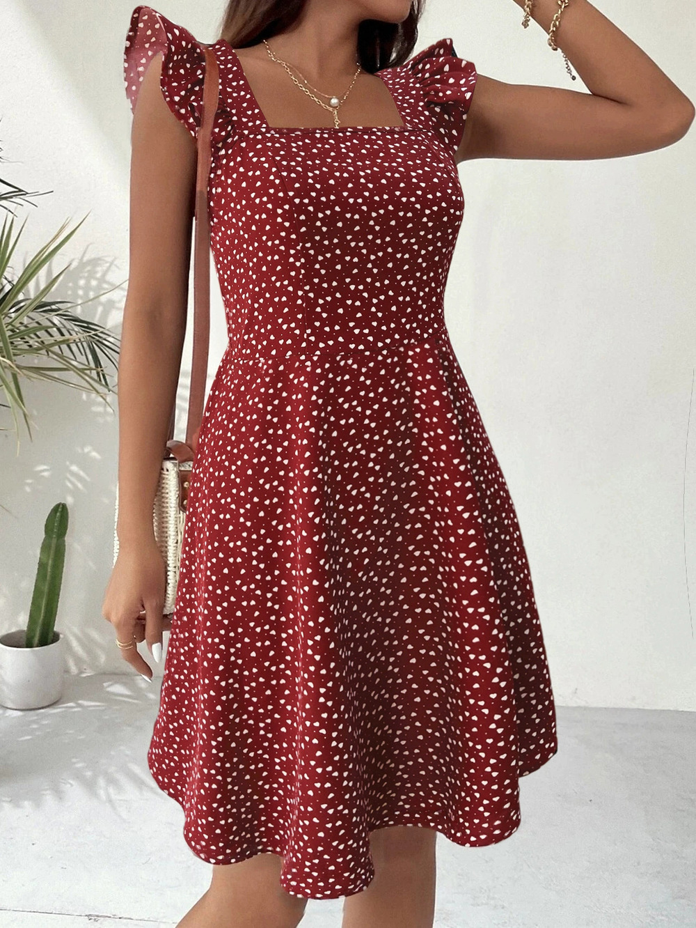 ZARA Summer Square Neck Heart Dress Flutter Sleeve Cinch Waist Slim Petite Short